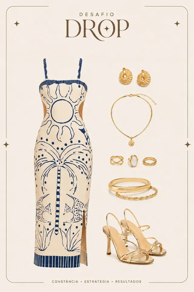 Template feminino: vestido midi estampado, sandália dourada e acessórios