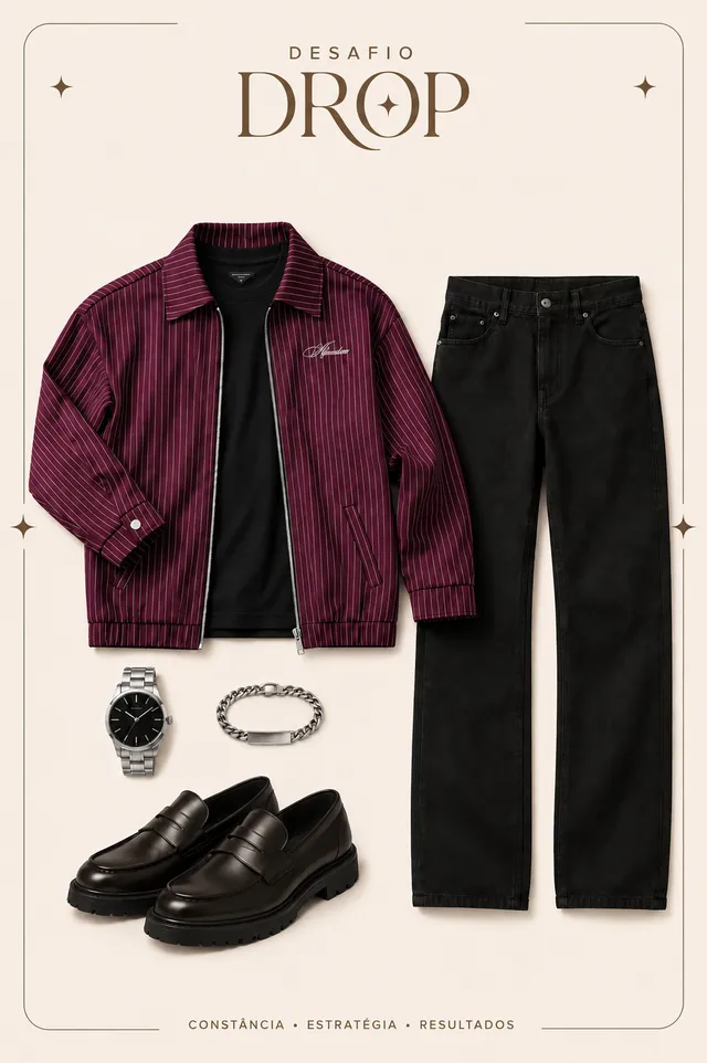 Template masculino: jaqueta risca de giz vinho, calça preta e mocassim